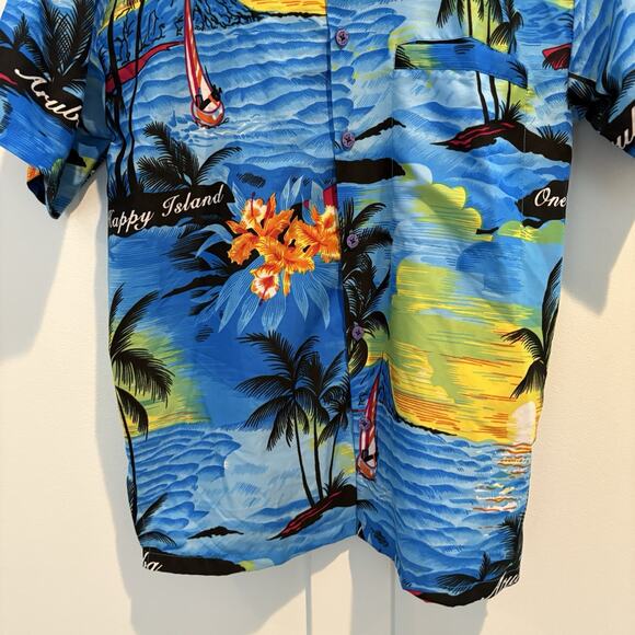 Rima Hawaiian Shirt Men Small Blue Aruba One Happy Island Beach Sunset Vacation - Picture 4 of 11